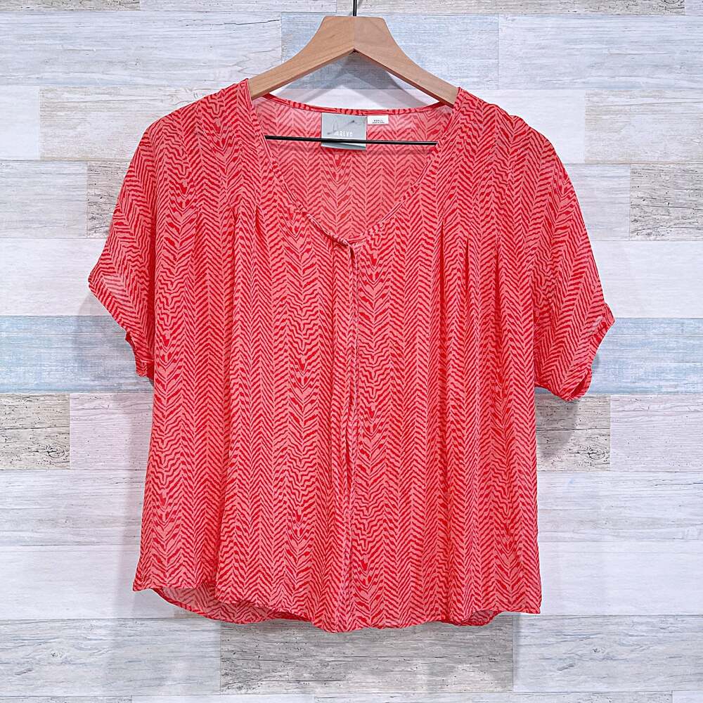 MAEVE Anthropologie 100% Silk Sheer Shirt Orange Print Short Sleeve Womens Small